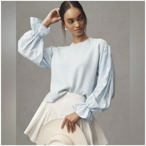 Anthropologie Puff Sleeve Light Blue Eyelet Sleeve Crewneck Sweater XS